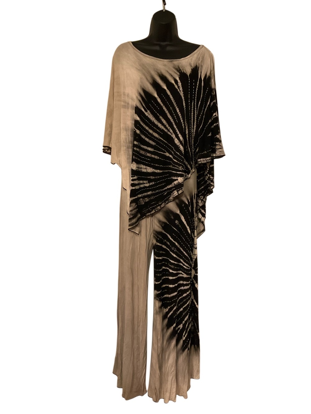 Beige & Black Tie-Dye Two-Piece Beaded Flowing Pant Set